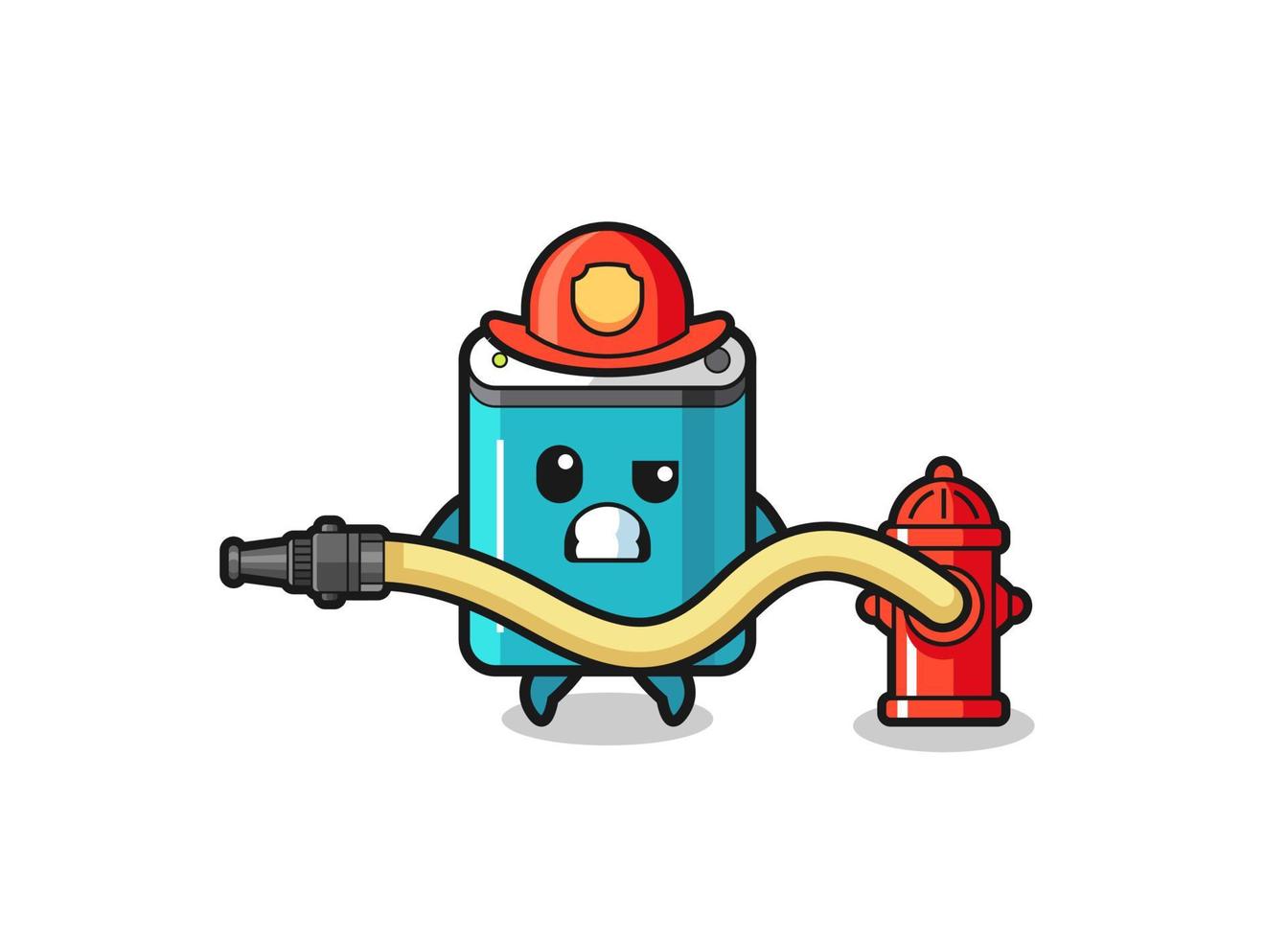 desenho do banco de energia como mascote do bombeiro com mangueira de água vetor