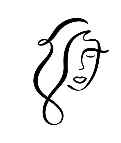 Linha contínua, desenho de rosto de mulher, moda conceito minimalista. Cabeça feminina linear estilizada com os olhos fechados, logotipo de cuidados da pele, ícone do salão de beleza. Ilustração vetorial vetor