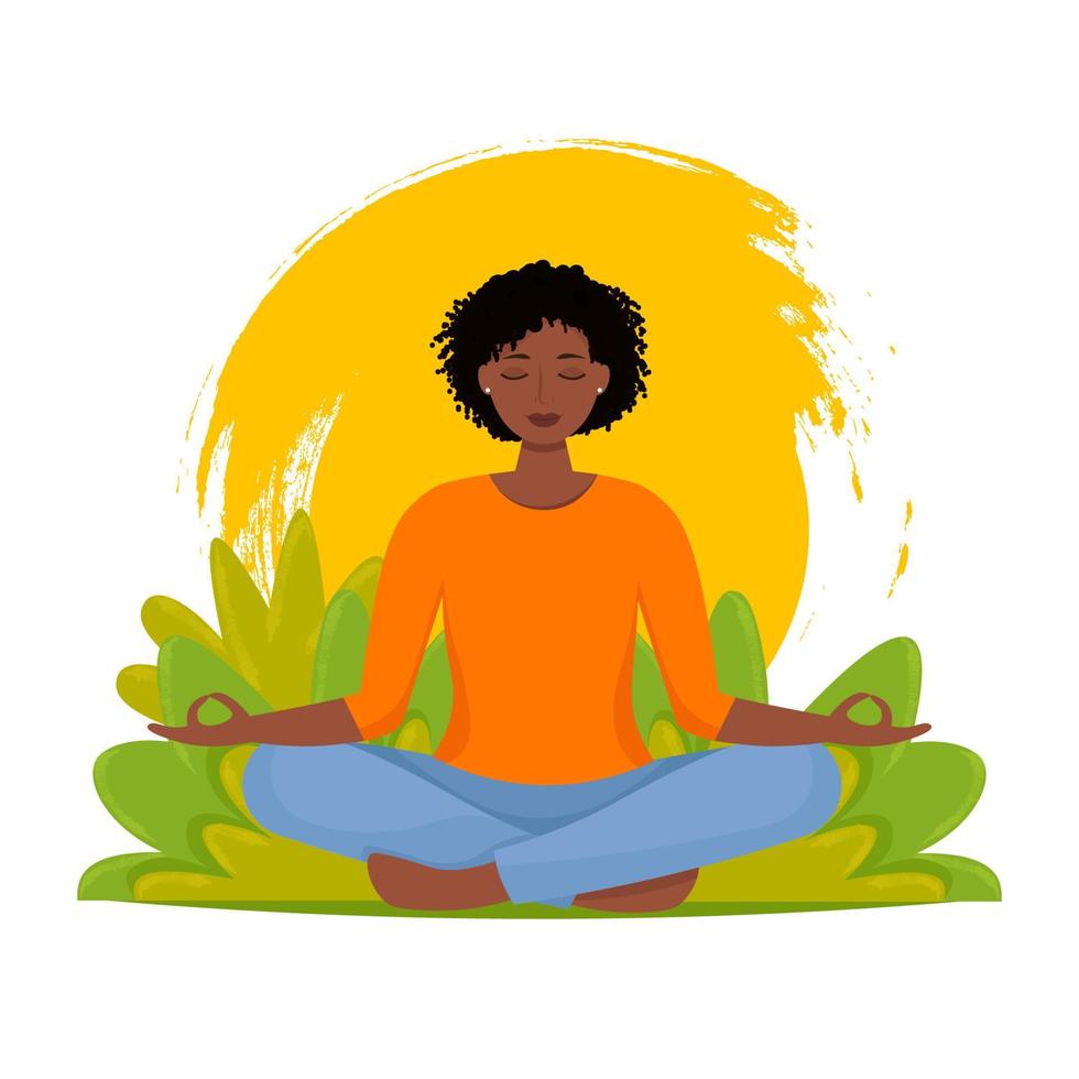 mulher africana meditando sobre a natureza deixa o fundo. ioga, esporte, recreação, conceito de relaxamento. ilustração vetorial em estilo simples vetor