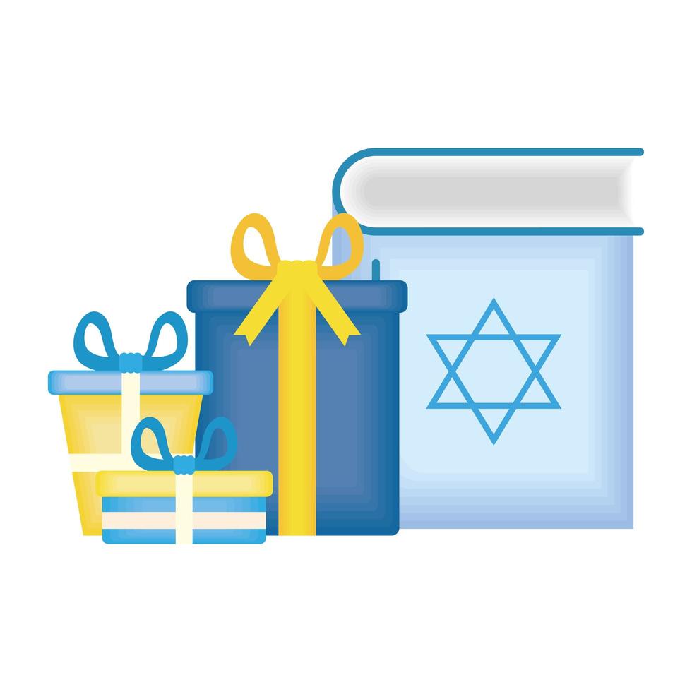 feliz livro corão hanukkah com caixas de presentes vetor