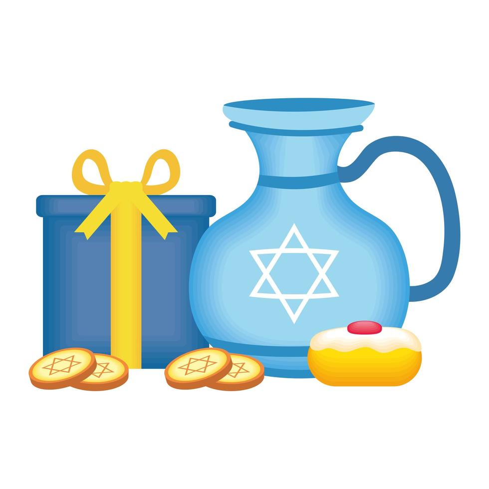 pote de bule hanukkah feliz com bolinho doce e moedas vetor