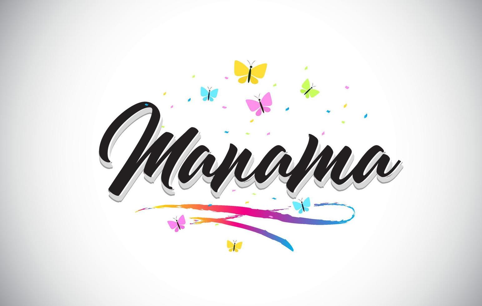 Manama manuscrita de texto de palavra vetorial com borboletas e swoosh colorido. vetor