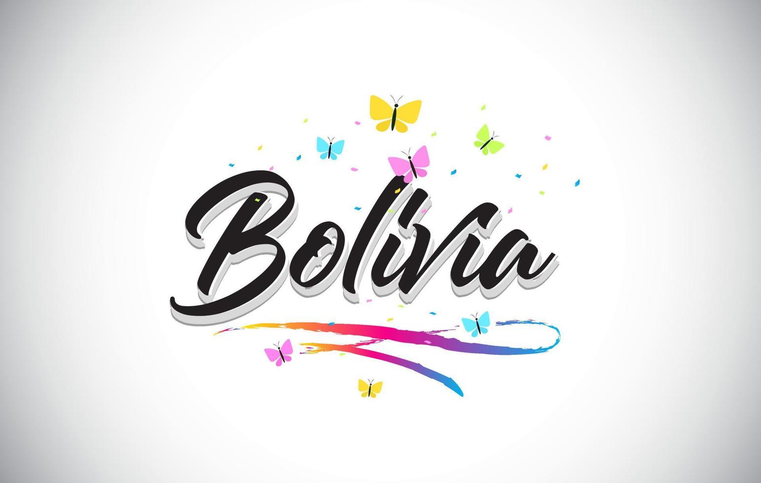 bolívia manuscrita texto de palavra de vetor com borboletas e swoosh colorido.