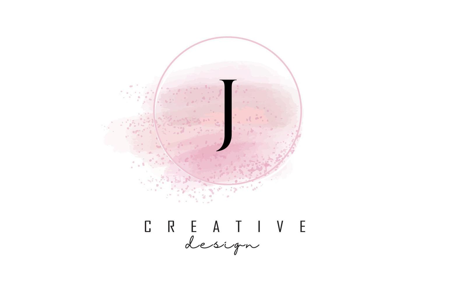 design de logotipo da letra j com moldura redonda brilhante e fundo aquarela rosa. vetor