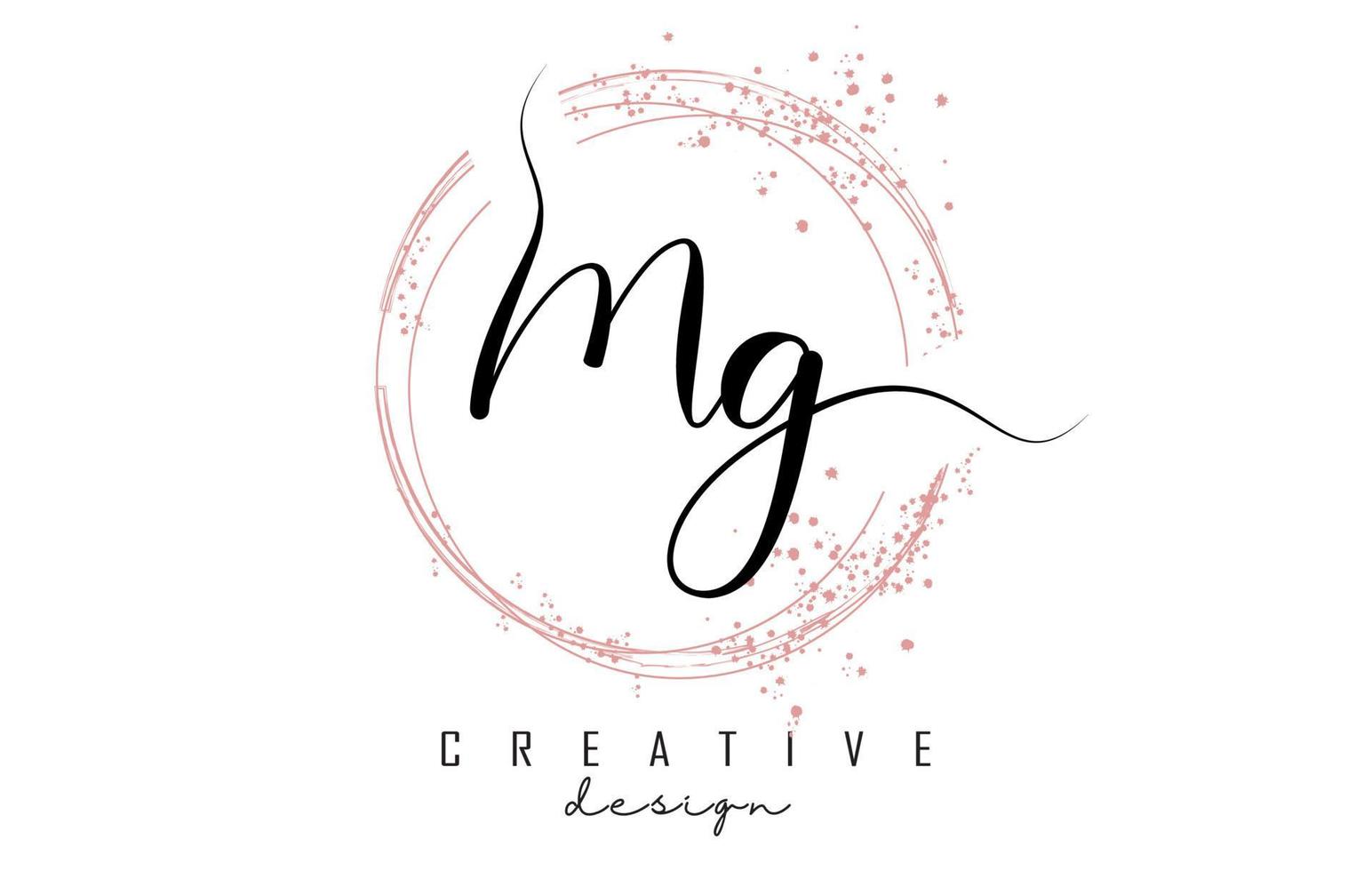 logotipo da letra mg mg manuscrito com círculos brilhantes com glitter rosa. vetor