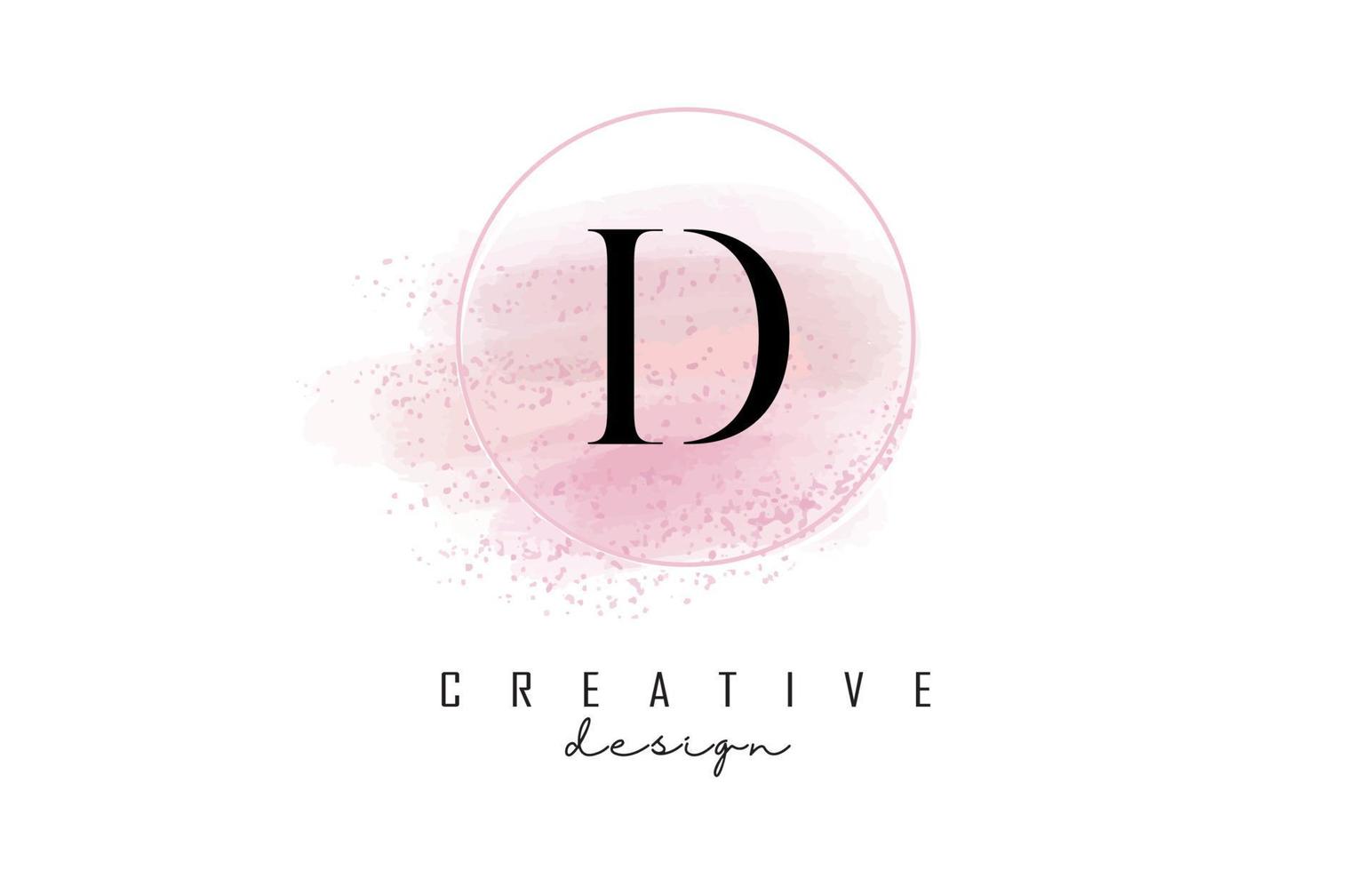 design de logotipo da letra d com moldura redonda brilhante e fundo aquarela rosa. vetor