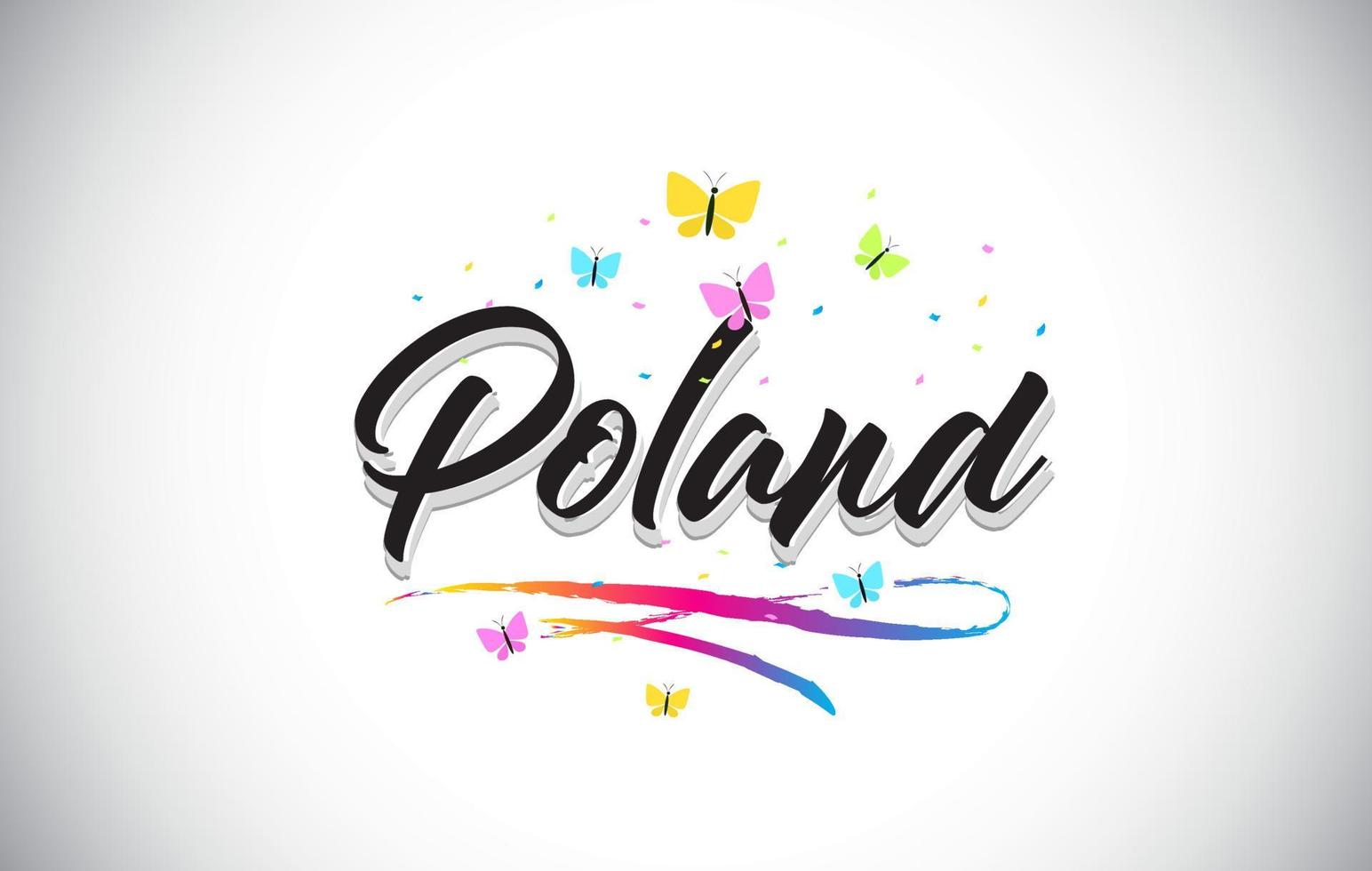 polônia escrita à mão vector palavra texto com borboletas e swoosh colorido.