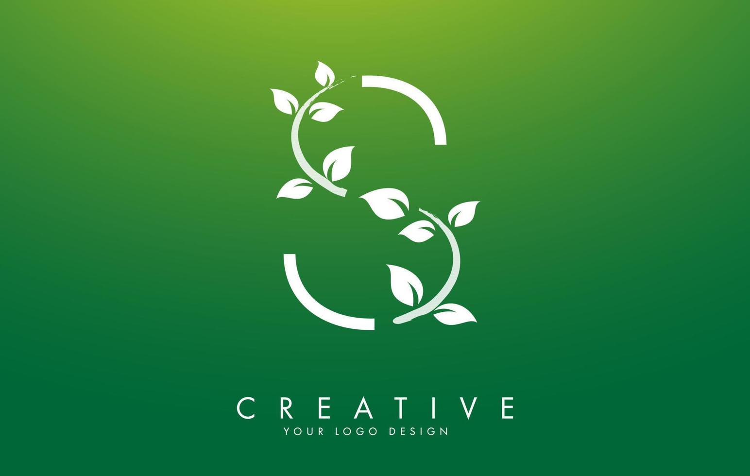 design de logotipo s de letra folha branca com folhas em um galho e fundo verde. letra s com o conceito de natureza. vetor