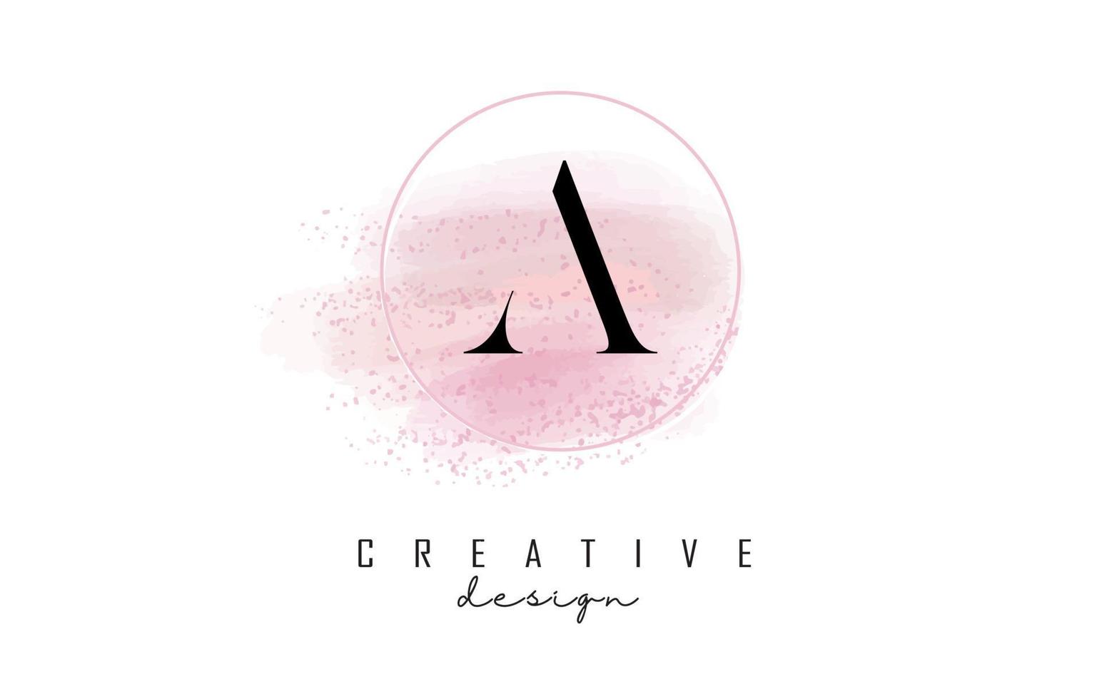 um design de logotipo de carta com moldura redonda brilhante e fundo aquarela rosa. vetor