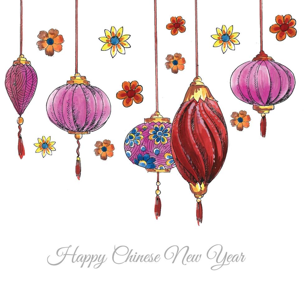 mão desenhada lanternas chinesas decorativas fundo de cartão de ano novo vetor