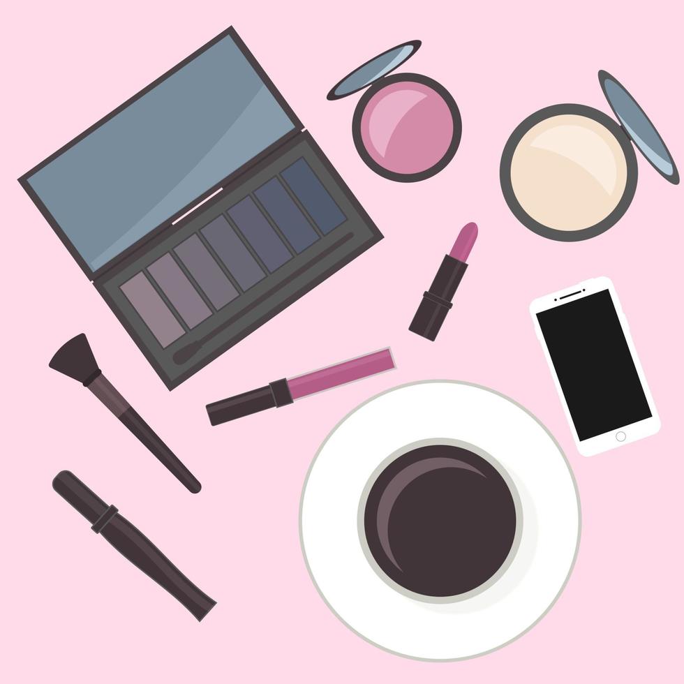 acessórios de cosméticos plana leigos e xícara de café. penteadeira. conceito de beleza, moda, glamour. fácil de editar design vetorial para salões de beleza, blogueiros, mídia social, sites, logotipo, cartões, etc. vetor