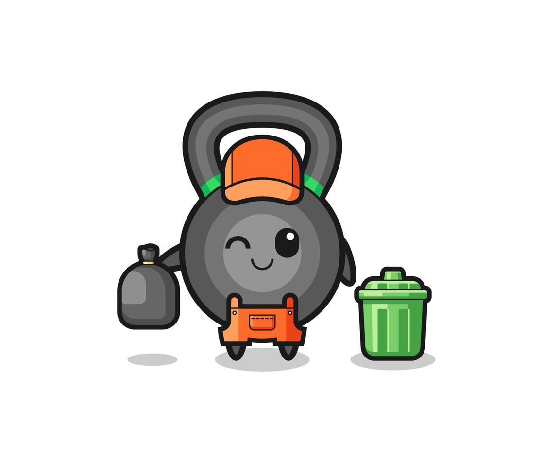 o mascote do bonito kettlebell como coletor de lixo vetor