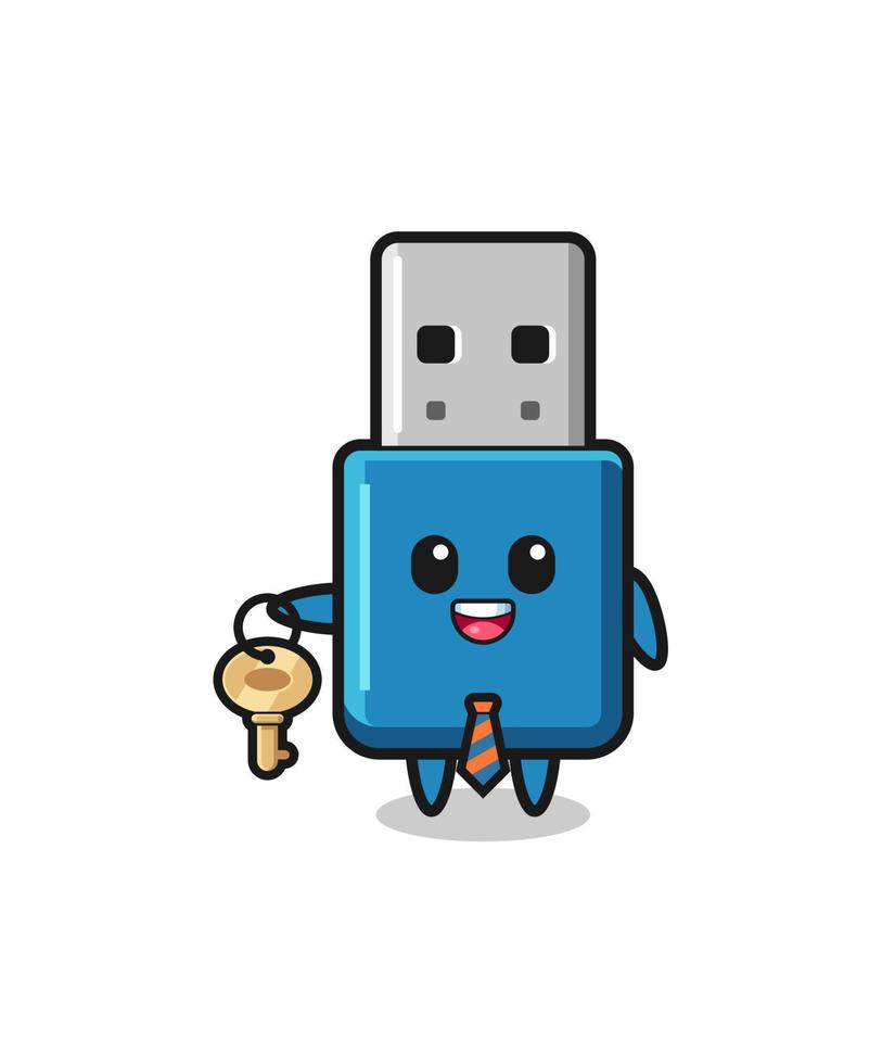 fofo flash drive usb como mascote de agente imobiliário vetor