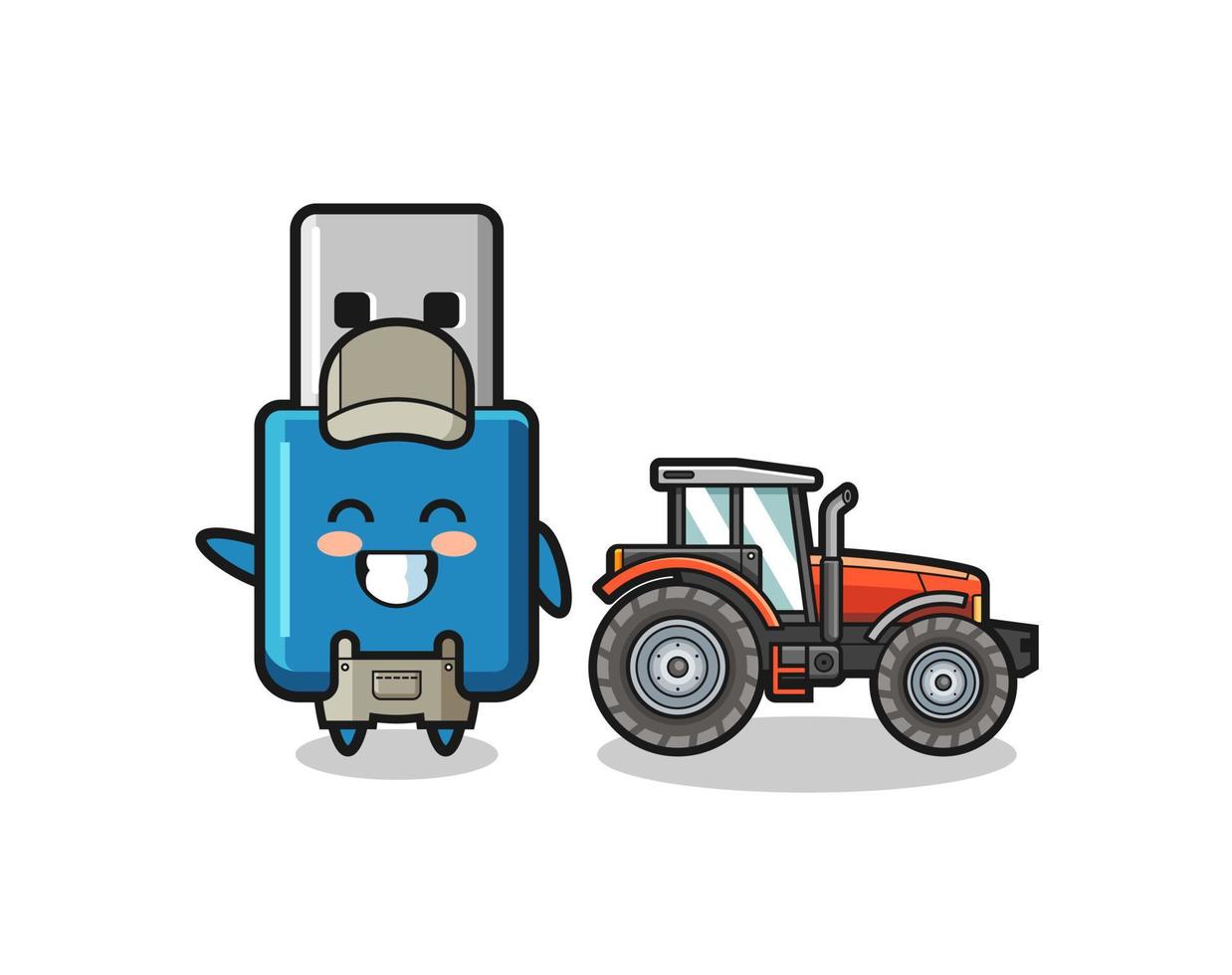 o flash drive usb farmer mascote em pé ao lado de um trator vetor