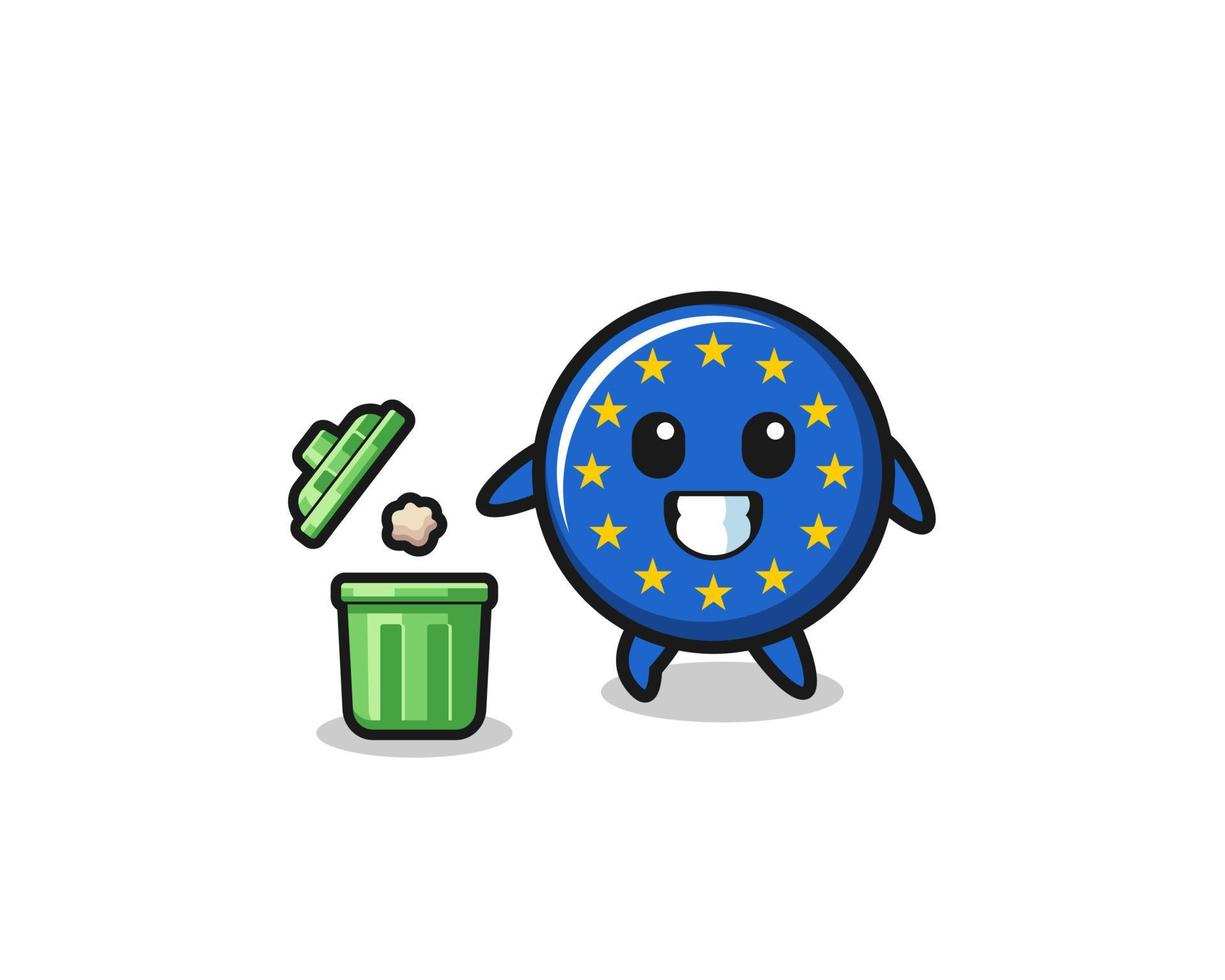 ilustração da bandeira do euro jogando lixo na lata de lixo vetor