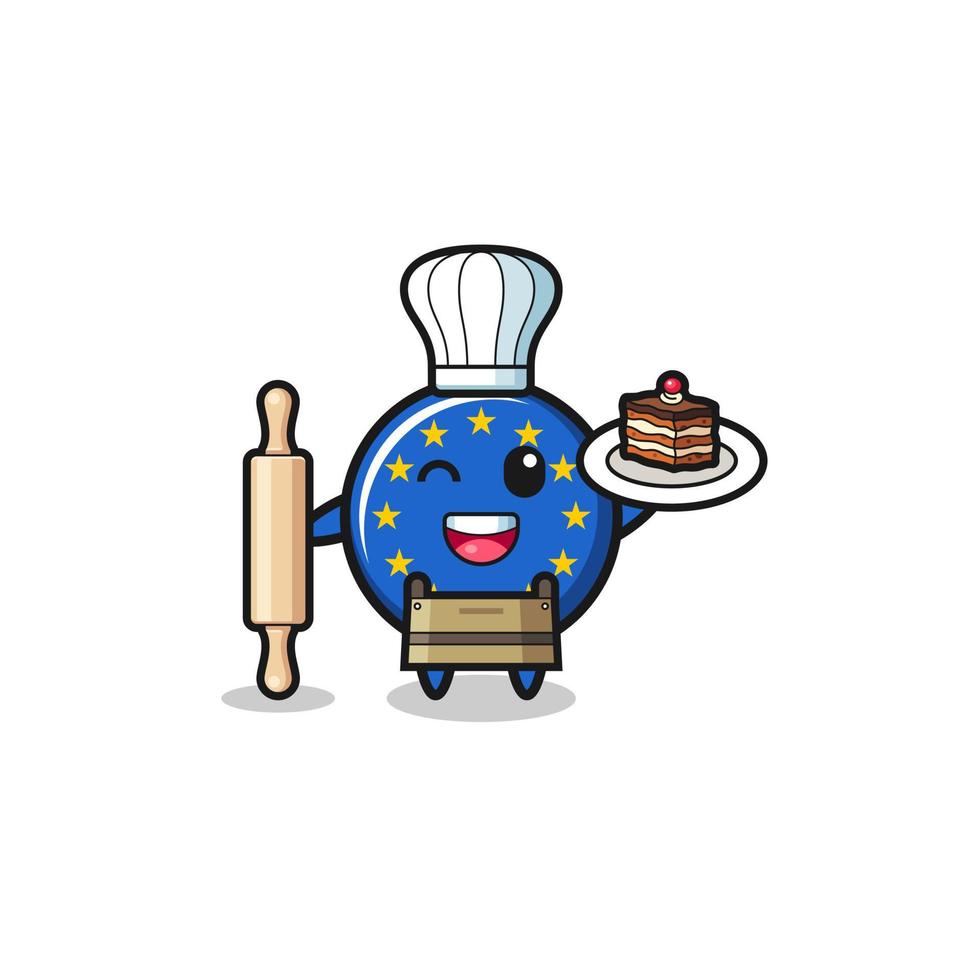 bandeira do euro enquanto mascote do chef pasteleiro segura o rolo de massa vetor