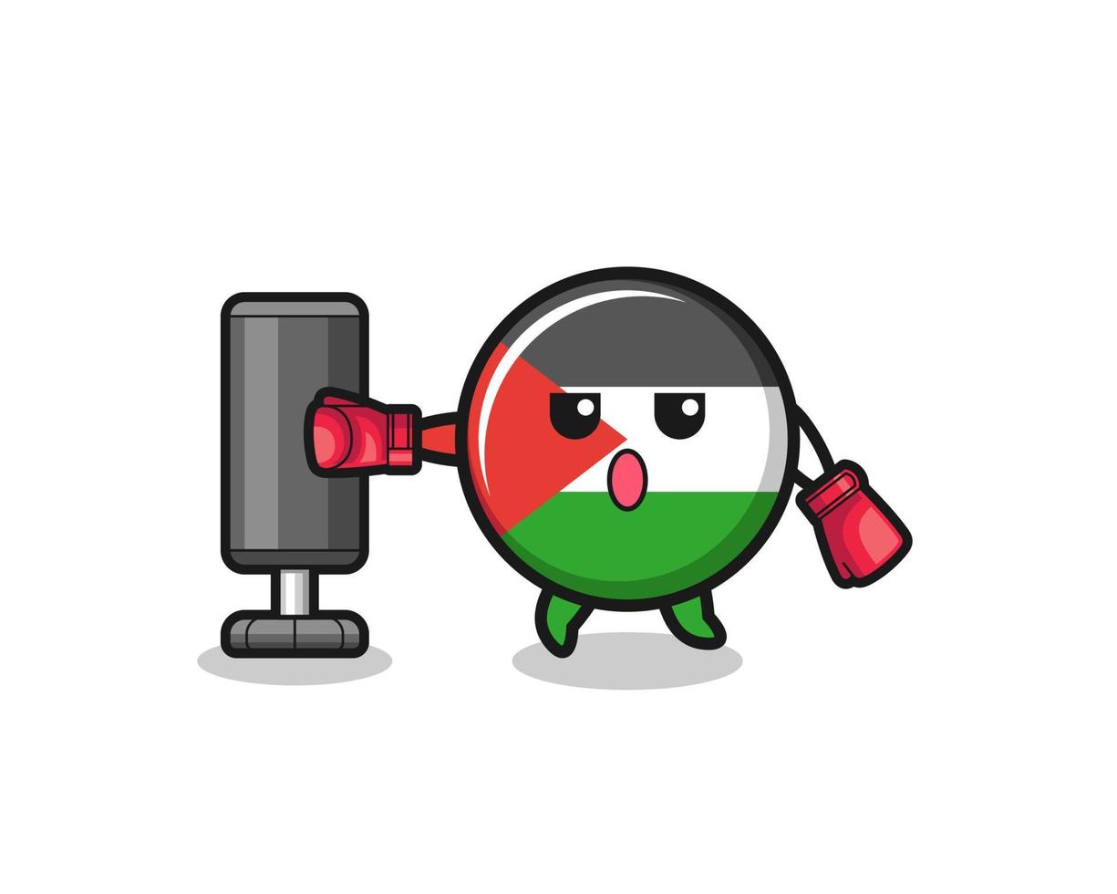 desenho animado do boxeador da bandeira da Palestina treinando com um saco de pancadas vetor