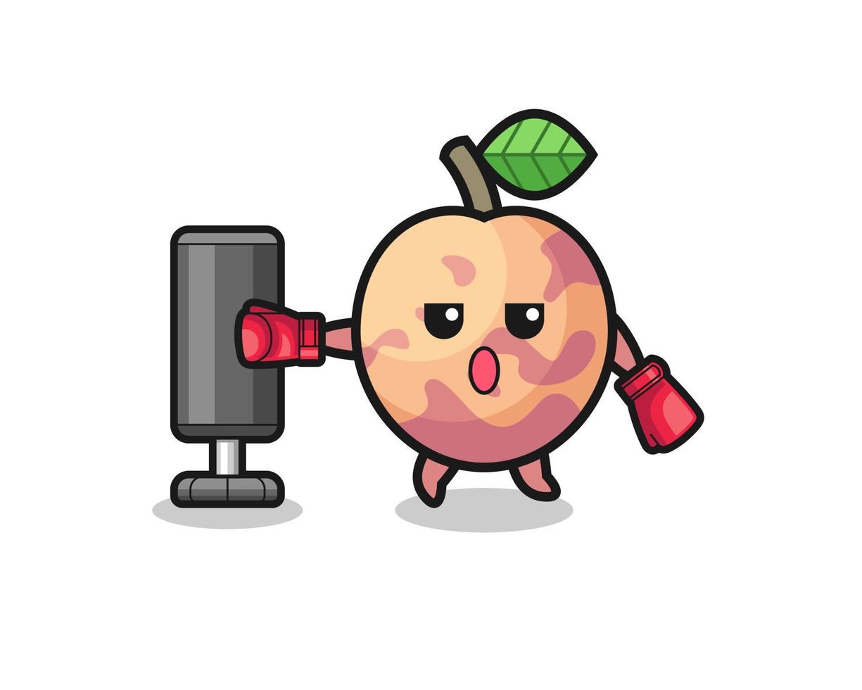desenho animado do boxer de frutas pluot fazendo treinamento com um saco de pancadas vetor
