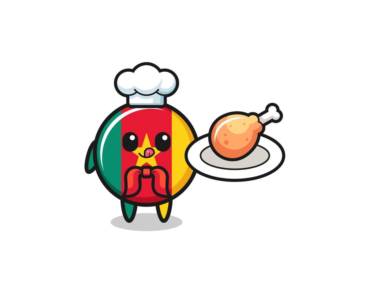 personagem de desenho animado de chef de frango frito com bandeira de camarões vetor