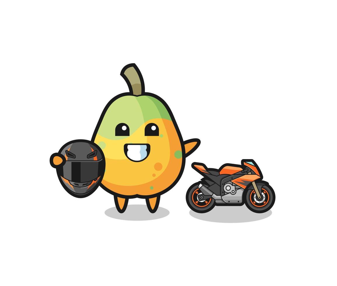 desenho fofo de mamão como piloto de moto vetor