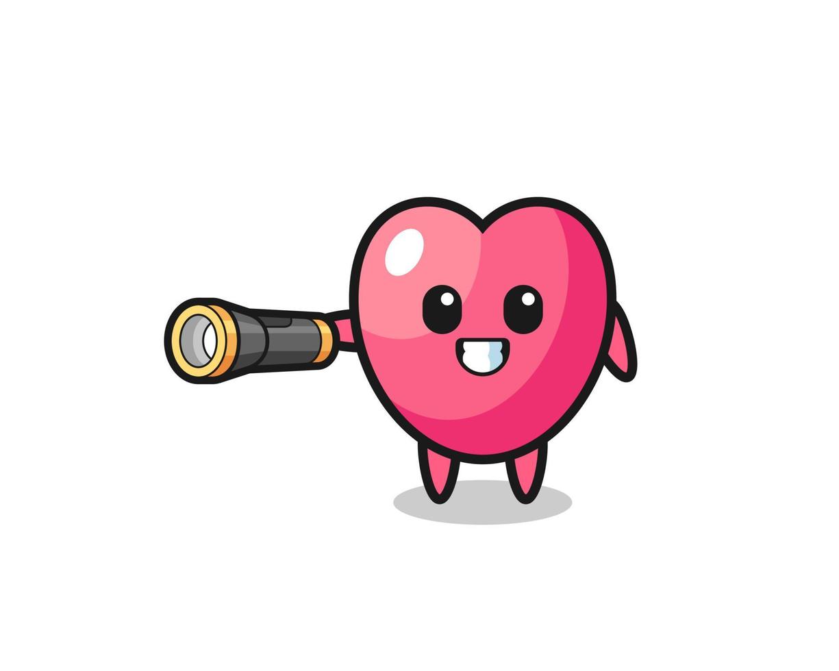 mascote do símbolo do coração segurando uma lanterna vetor