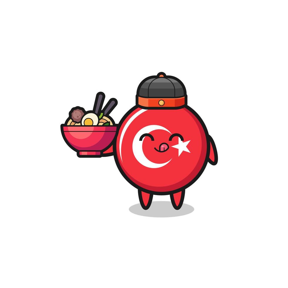 bandeira da Turquia como mascote do chef chinês segurando uma tigela de macarrão vetor