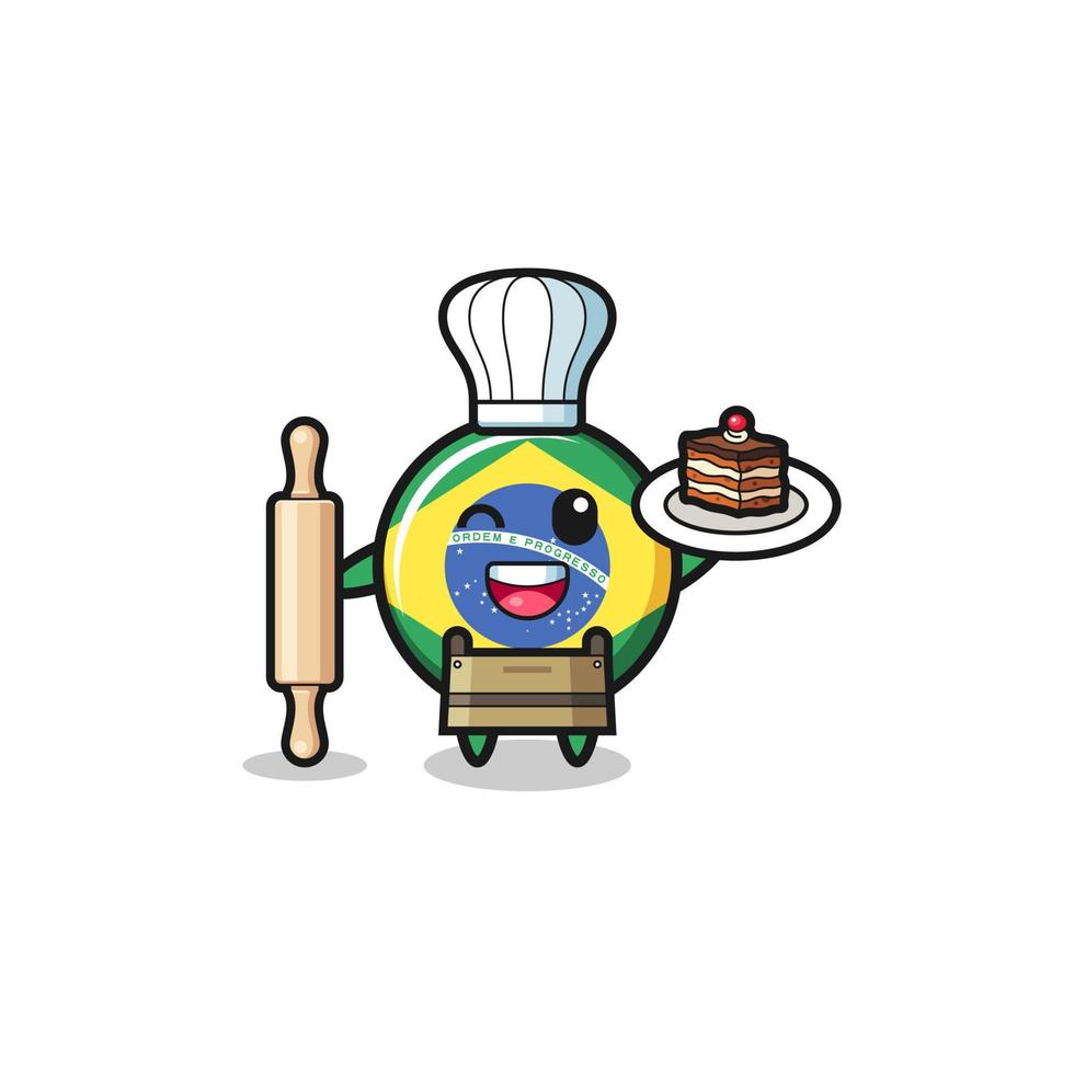 bandeira do brasil como mascote do chef pasteleiro segurando o rolo de massa vetor