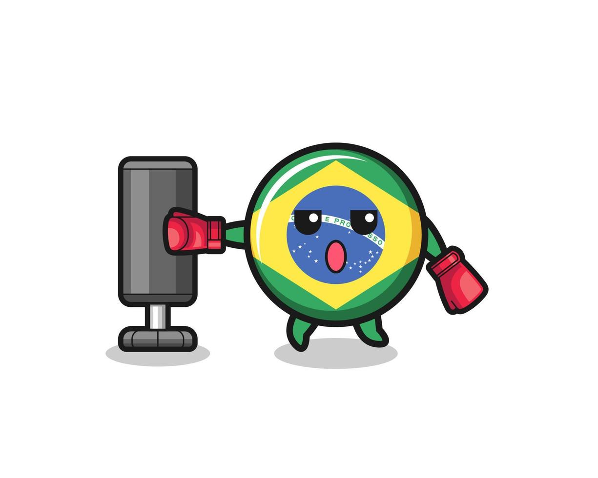 cartoon boxer da bandeira do brasil treinando com um saco de pancadas vetor