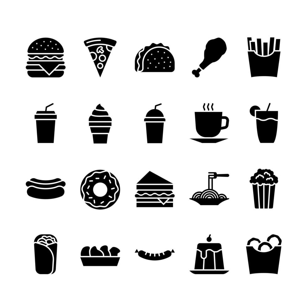 conjunto de ícones de fast food, estilo glifo vetor
