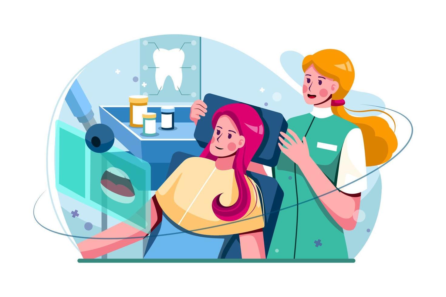 uma mulher se senta no conceito de ilustração de cadeira de dentista. ilustração plana isolada no fundo branco. vetor