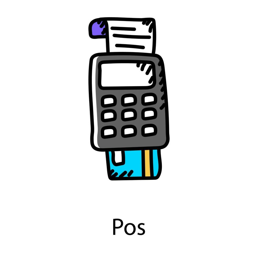 máquina de passar fatura e cartão conhecida como vetor terminal pos no design do doodle