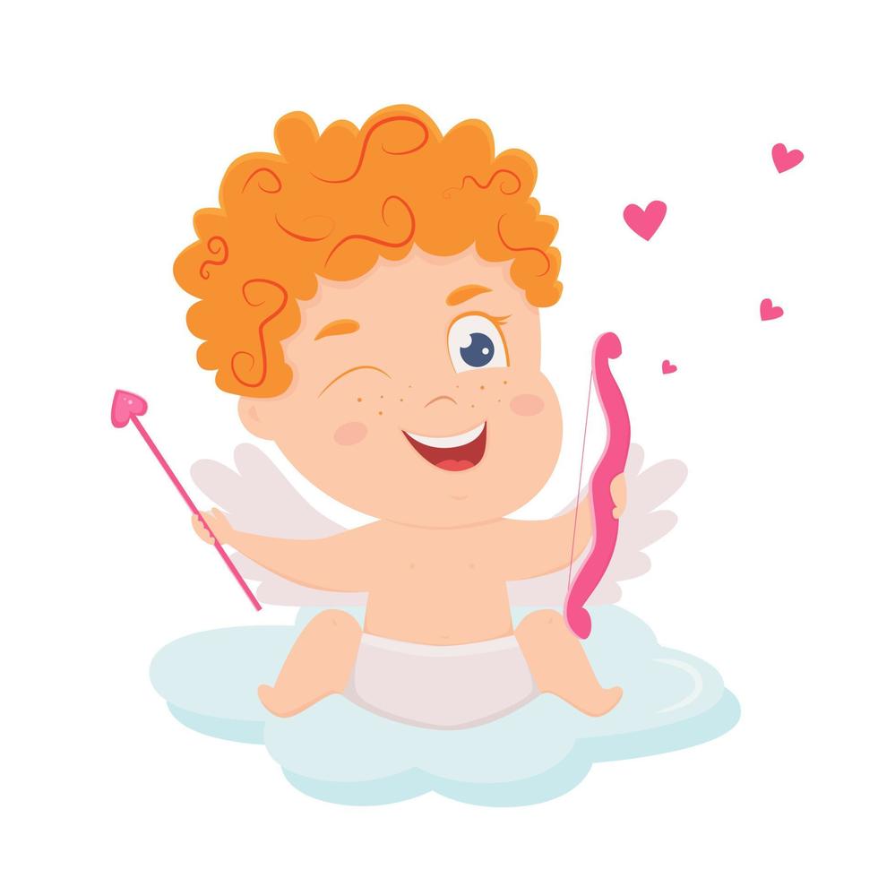 Cupido engraçado, o deus eros. lindo bebê grego com arco, caçador de corações, personagem de vetor romântico