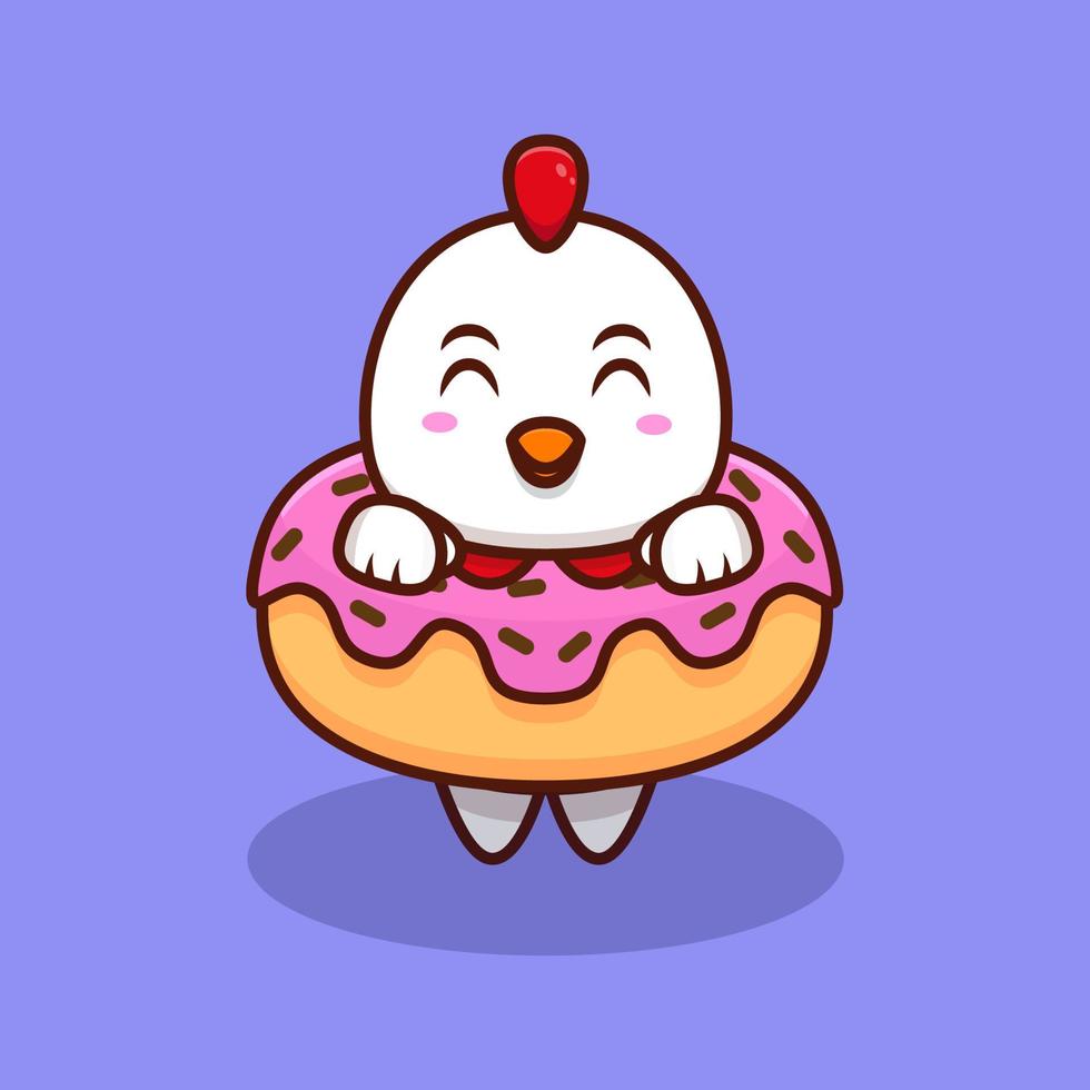 frango bonito dentro da ilustração do ícone dos desenhos animados de donut. vetor