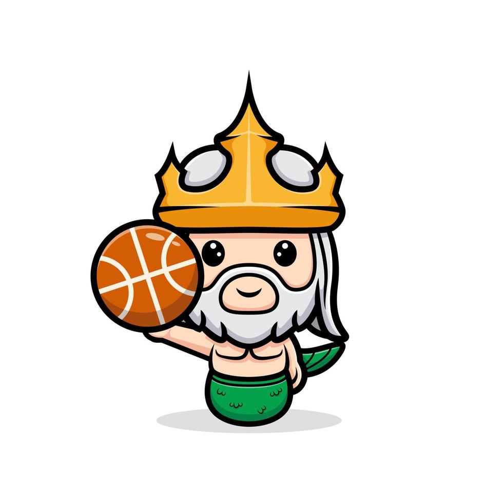 Netuno fofo jogando basquete, desenho do mascote rei do oceano vetor