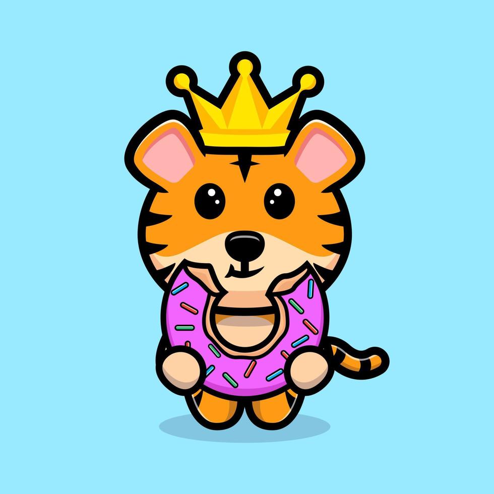 Rei tigre fofo comendo donut cartoon mascote vetor