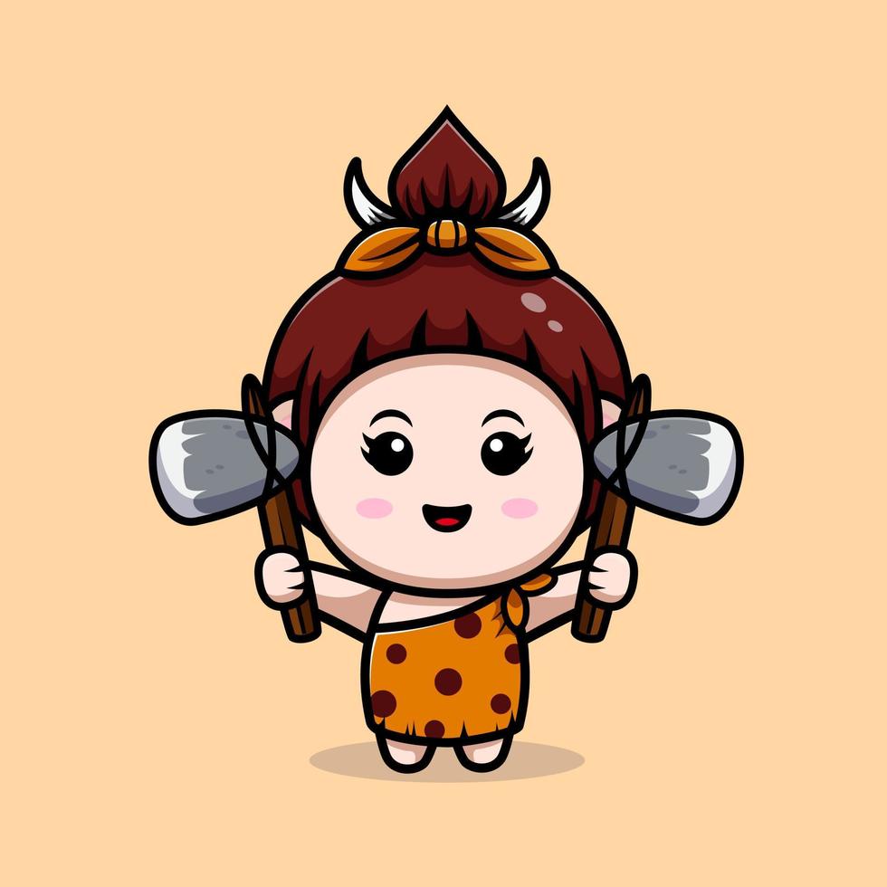 ícone dos desenhos animados do mascote do cavegirl primitivo bonito. ilustração do personagem mascote kawaii para adesivo, pôster, animação, livro infantil ou outro produto digital e impresso vetor