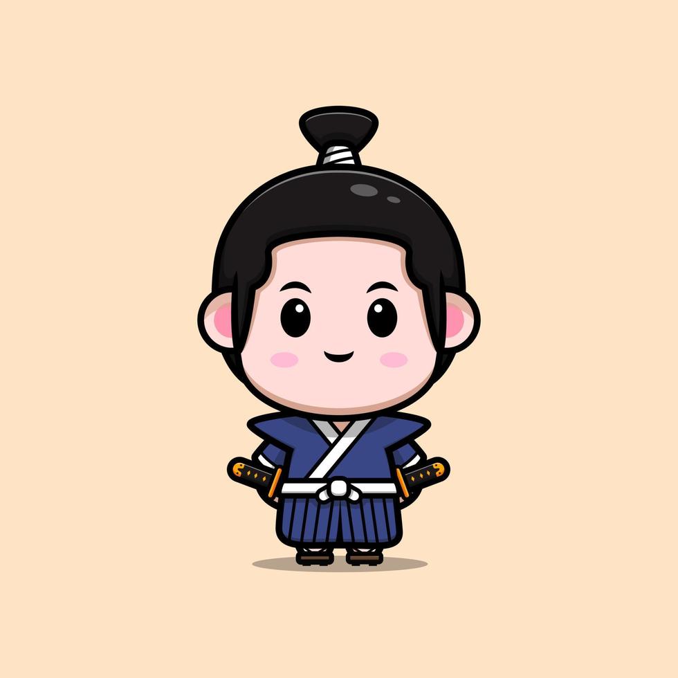 ícone dos desenhos animados do mascote do menino samurai fofo. ilustração do personagem mascote kawaii para adesivo, pôster, animação, livro infantil ou outro produto digital e impresso vetor