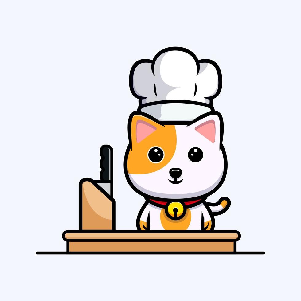 Chef de gato fofo pronto para cozinhar mascote de desenho animado vetor
