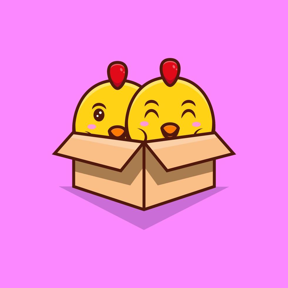 ilustração do ícone dos desenhos animados de galinhas fofas dentro de uma caixa de papelão vetor