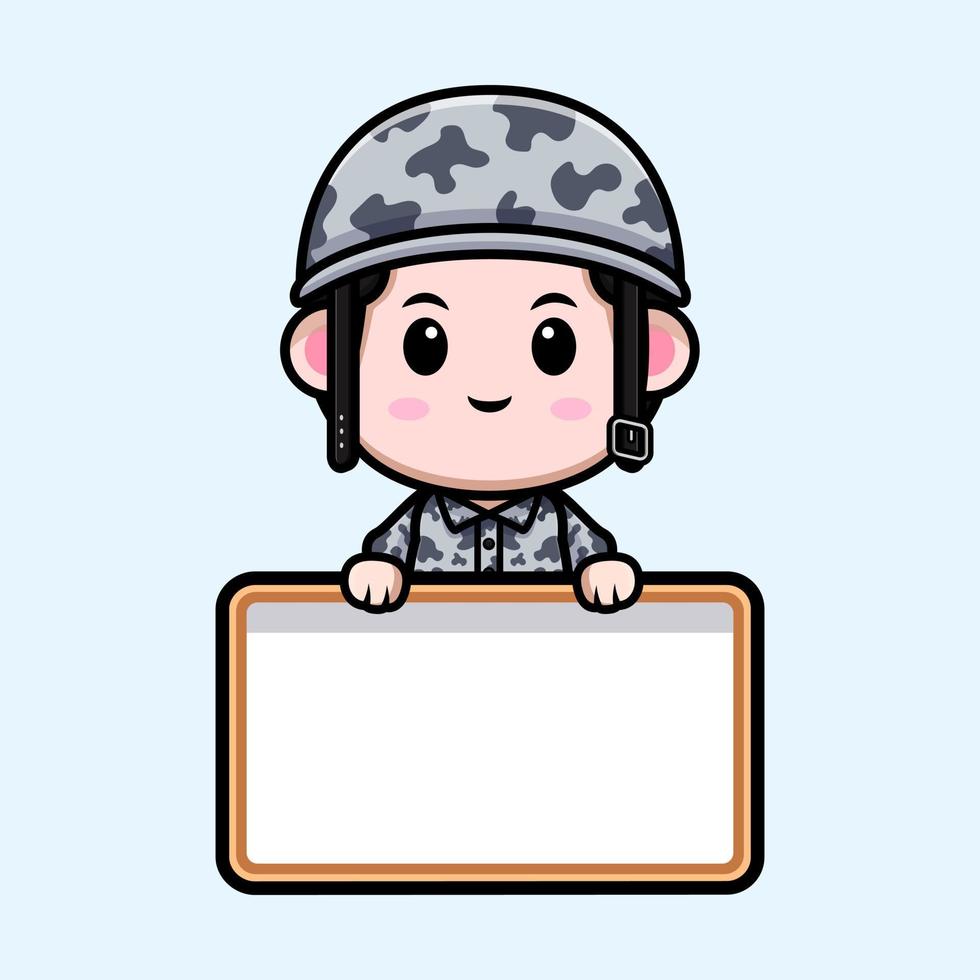 ícone dos desenhos animados do mascote do exército bonito. ilustração do personagem mascote kawaii para adesivo, pôster, animação, livro infantil ou outro produto digital e impresso vetor