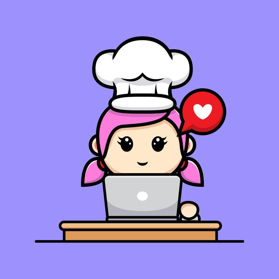 chef linda garota com design de mascote de laptop vetor