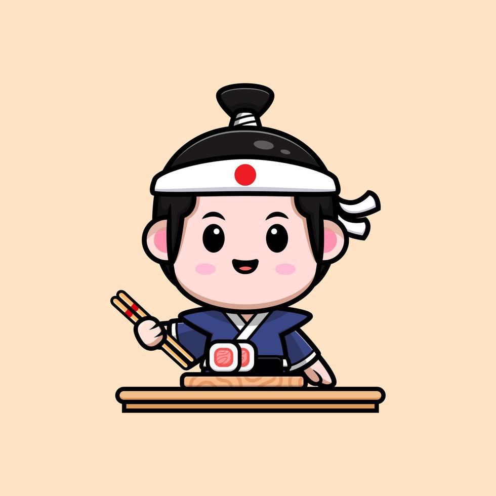 ícone dos desenhos animados do mascote do menino samurai fofo. ilustração do personagem mascote kawaii para adesivo, pôster, animação, livro infantil ou outro produto digital e impresso vetor