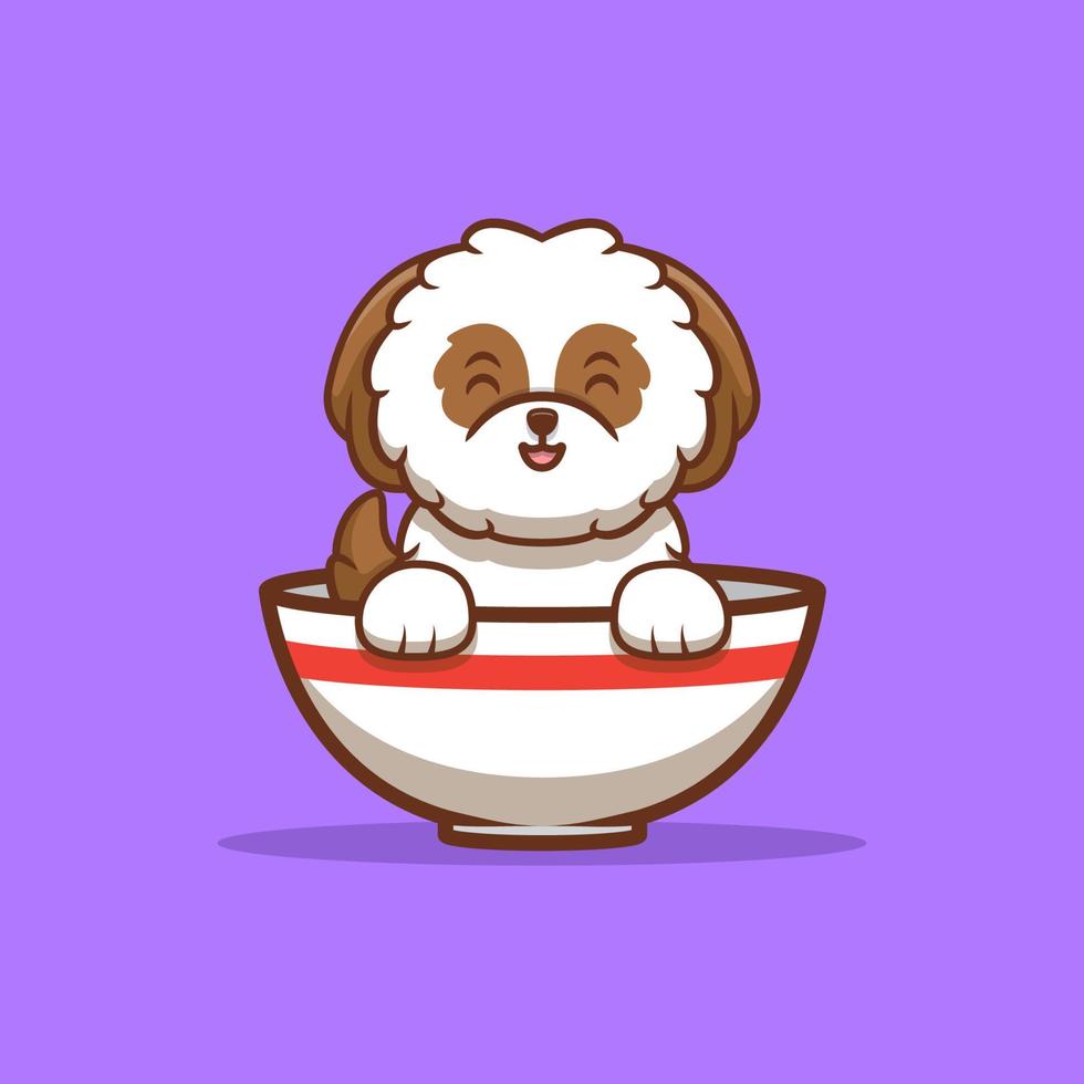 Ilustração do ícone dos desenhos animados de um filhote de shih-tzu fofo sentado dentro da tigela de ramen vetor