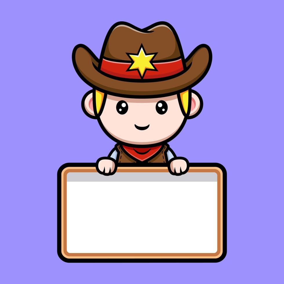 cowboy pequeno fofo segurando uma ilustração do mascote do quadro de texto em branco vetor