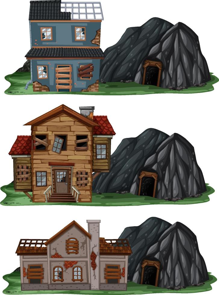 conjunto de diferentes casas abandonadas com caverna de pedra vetor