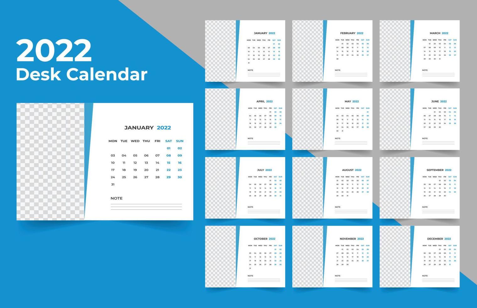 Planejador de calendário de mesa 2022 .week começa na segunda-feira. modelo para o calendário anual de 2022. vetor