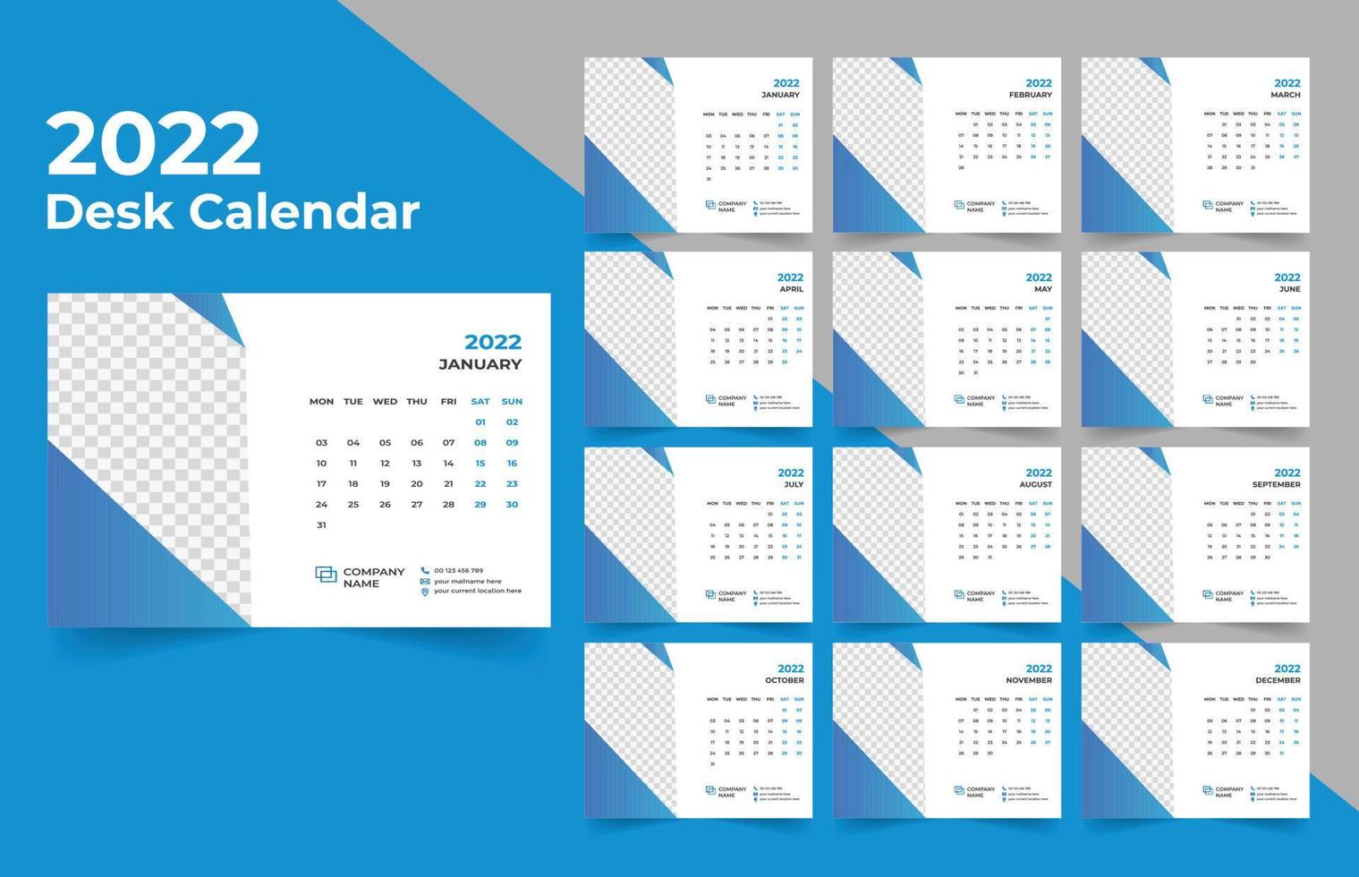 Planejador de calendário de mesa 2022 .week começa na segunda-feira. modelo para o calendário anual de 2022. vetor