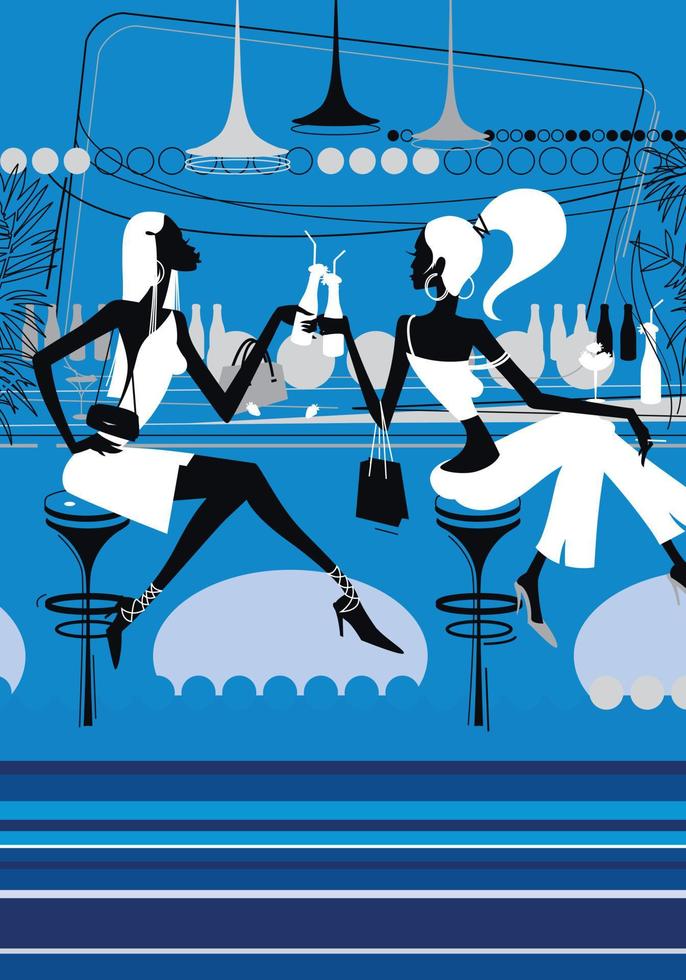 duas lindas garotas bebem coquetéis em uma boate. mulheres jovens e glamorosas estão sentadas em um bar. ilustração para segundo plano. imagem para impressão, banner ou site. fundo do vetor. vetor