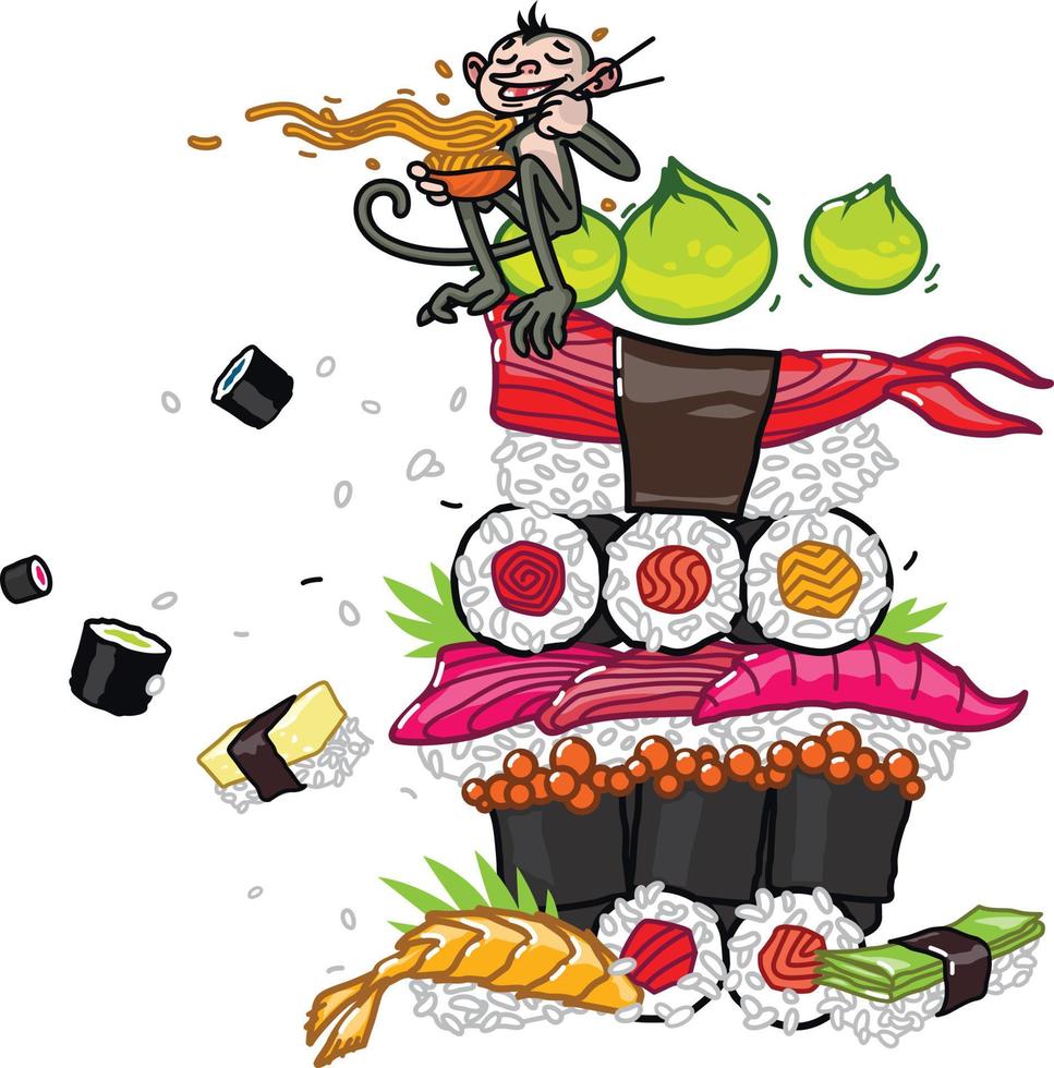 comida asiática, sushi, sashimi, wasabi. imagem vetorial, isolada no fundo branco. cozinha japonesa e chinesa. ilustração para o menu do restaurante, café bar. macaco de desenho animado e sushi. entrega de alimentos. vetor