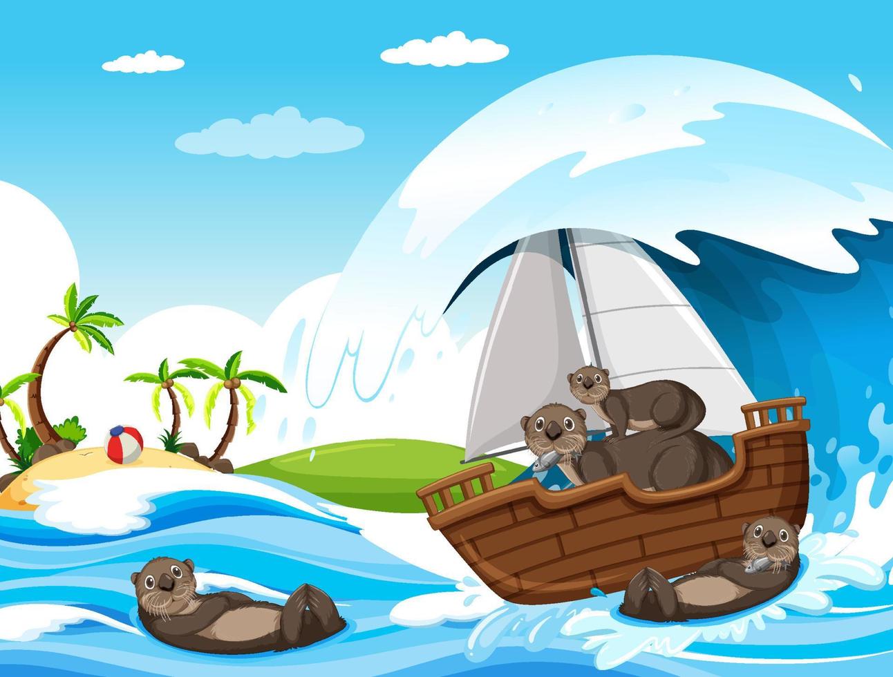 cena do oceano com lontras em um veleiro vetor